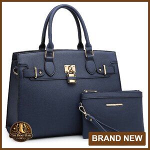 Structured Vegan Leather Tote with Clutch, Gold Hardware, Multiple Pockets